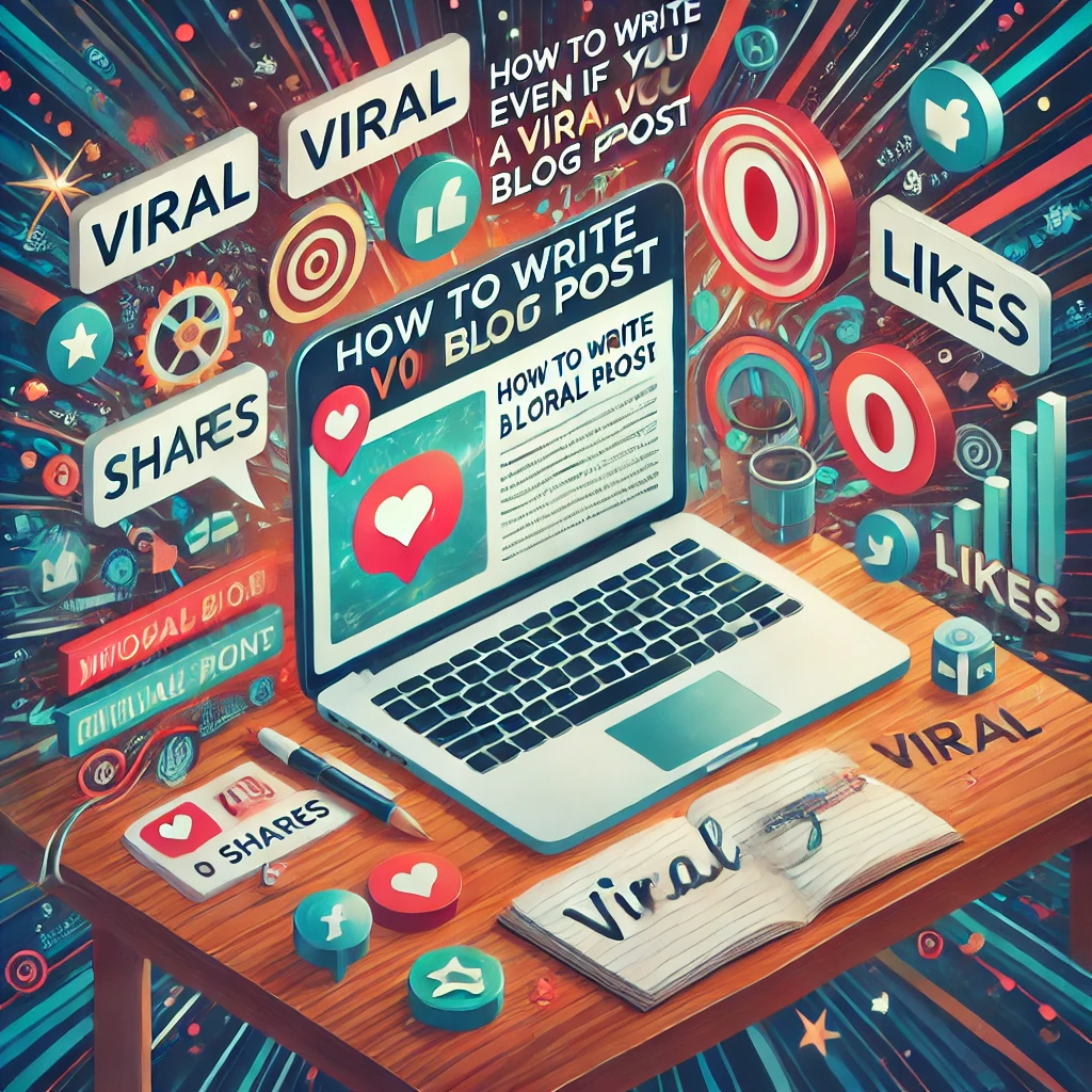 Eye-catching digital illustration of a viral blog post concept, featuring a laptop, social media icons, likes, shares, and engagement elements, representing how to create content that gains traction online.