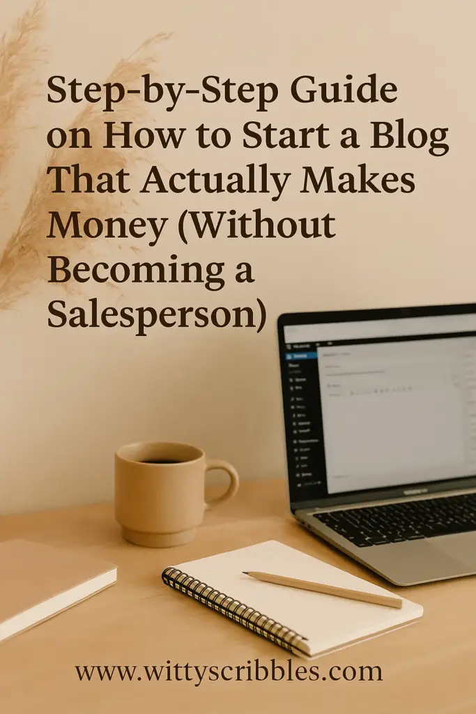 Flat lay image of a minimalist blogger workspace with a laptop, planner, coffee, and neutral tones. Overlay text reads: Step-by-step guide on how to start a blog that actually makes money without becoming a salesperson.