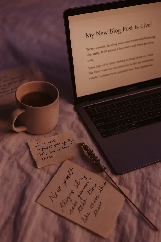 A photograph captures a blogger's workspace bathed in warm evening light, featuring an open laptop with a blog draft on screen, a ceramic mug of coffee, handwritten notes, and a sprig of lavender on a soft fabric surface.