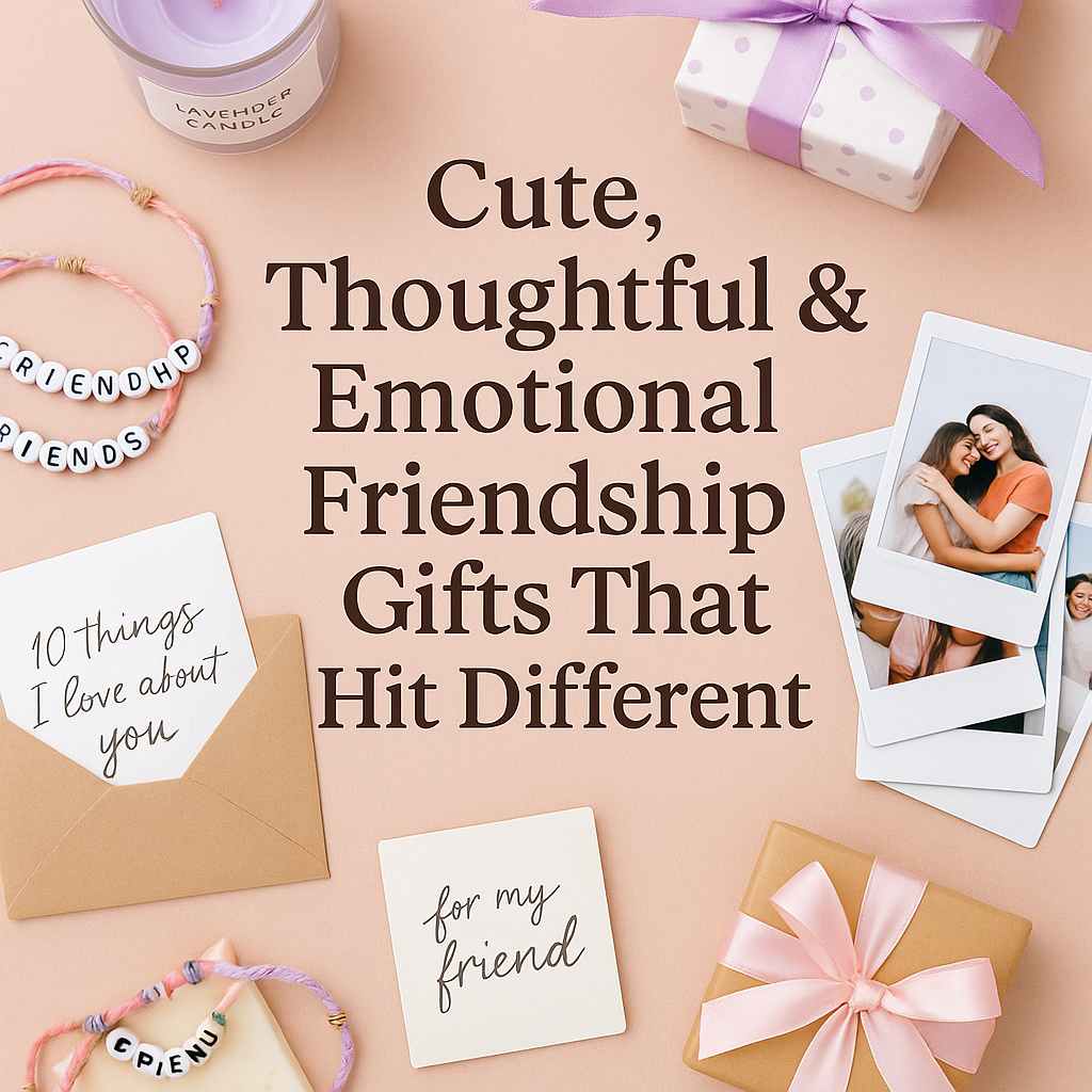 Flat lay of an aesthetic friendship gift setup featuring a handwritten note, Polaroids, scented candle, and gift box on a peach-colored background.