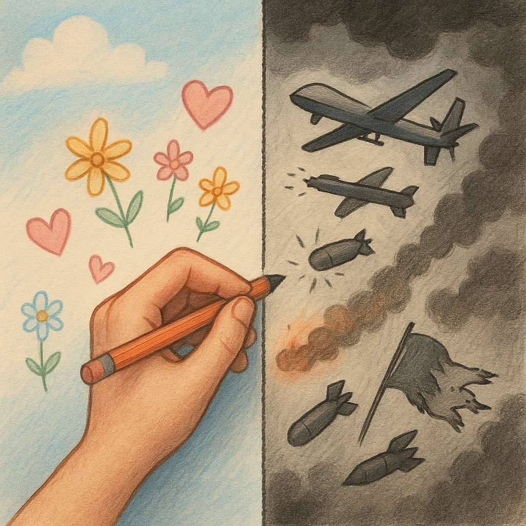 A split-image illustration showing a contrast between peace and war — one side with soft doodles, the other with drones and destruction — symbolizing the emotional and political shift in the blog's focus.