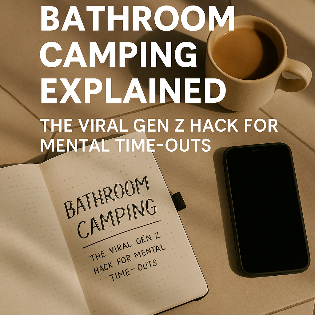 A photograph features a notebook, smartphone, and iced coffee arranged neatly on a restroom floor with a soft rug, symbolizing the quirky and calming trend of bathroom camping.